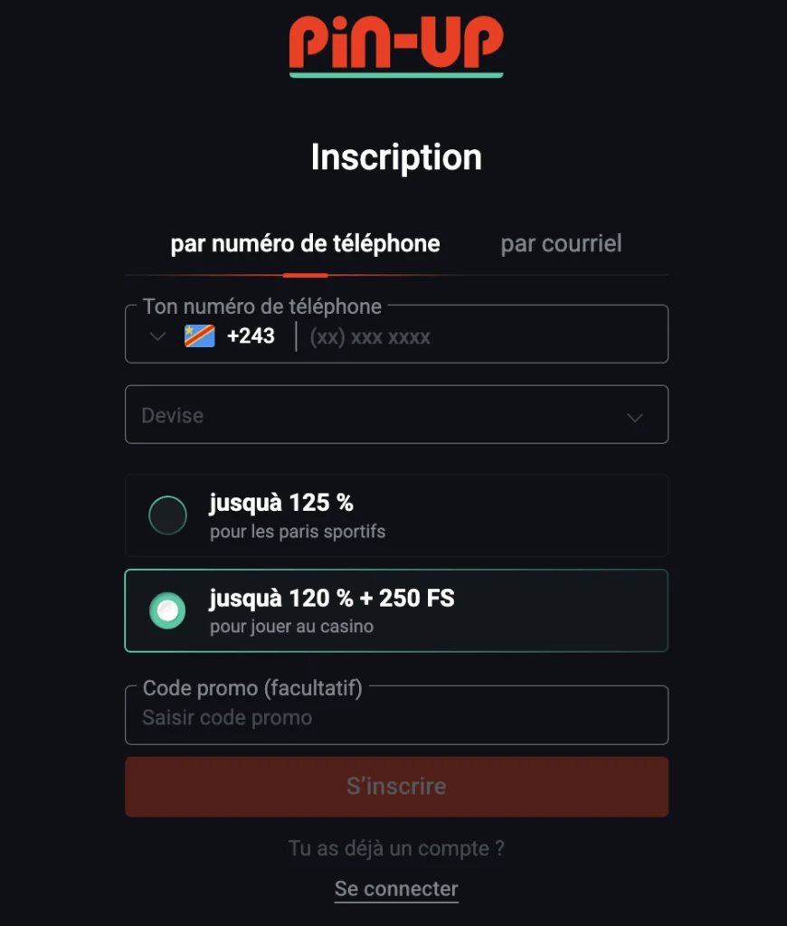 Créer un compte sur Pin-Up Casino